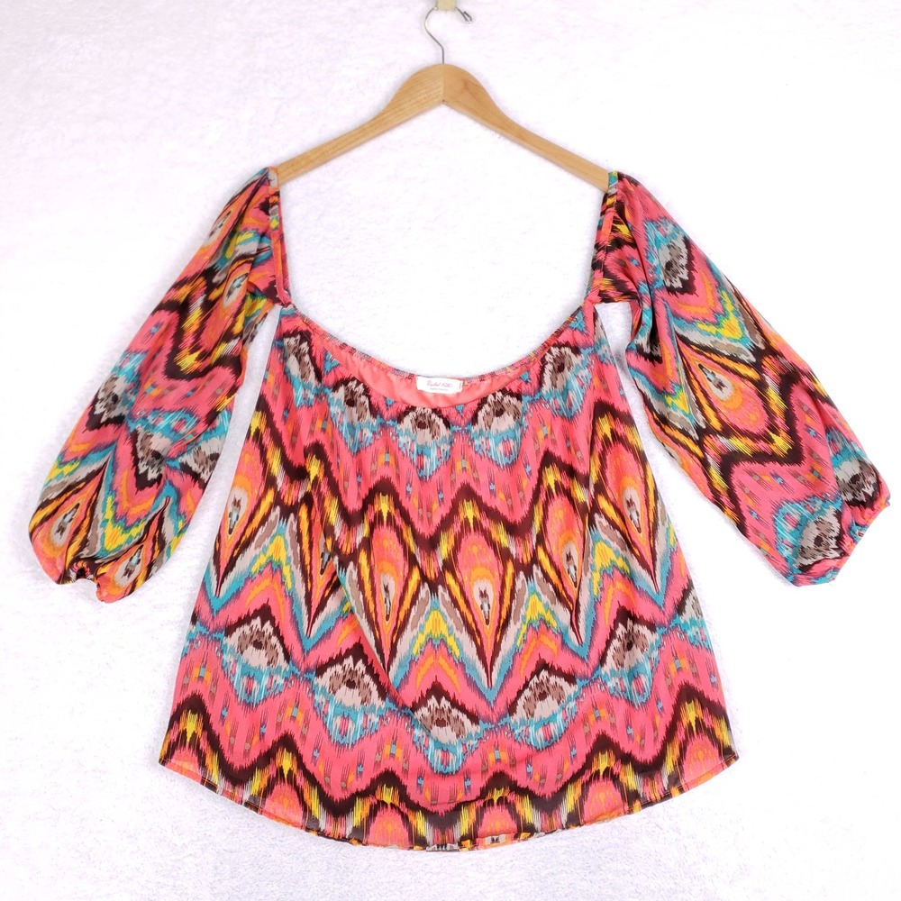 Rachel Kate Pink Multi Ikat Zigzag Balloon Sleeve Blouse Top Large Gypsy Ikat